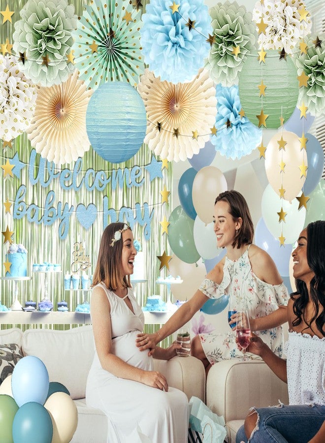 Vztipki Dusty Blue Sage Green Baby Shower Decorations -Welcome Baby Boy Banner, Retro Sea-blue Green Balloons, 'Oh Baby' Cake Topper, Pom Poms Flowers Paper Fan For Birthday Jungle Boho Blue-Party Décor - Image 5
